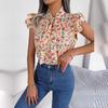 Women's Spring Summer Floral Wood Ear Lace Up Bow Tie Chiffon Shirt Blouses