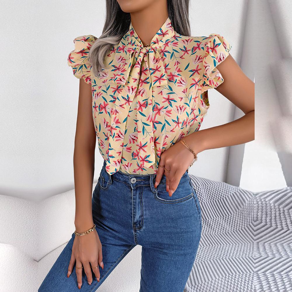 Women's Spring Summer Floral Wood Ear Lace Up Bow Tie Chiffon Shirt Blouses