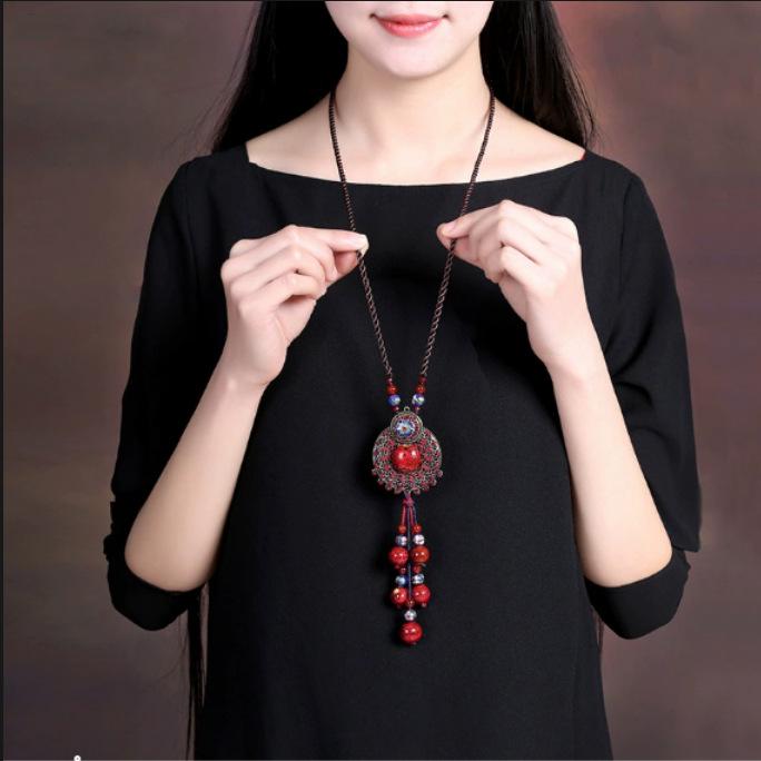 Ethnic Style Pure Handmade Sweater Chain Long Accessories Red Pendant Antique Versatile Wholesale Jewelry Necklace Hanging Women's Jewelry