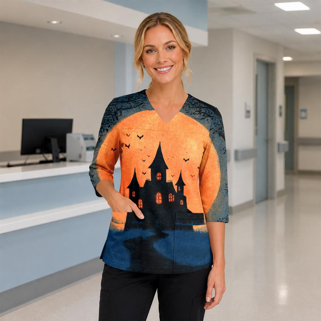 Women's Halloween Costume Top V-Neck Pockets Side Slit Three-Quarter Sleeves
