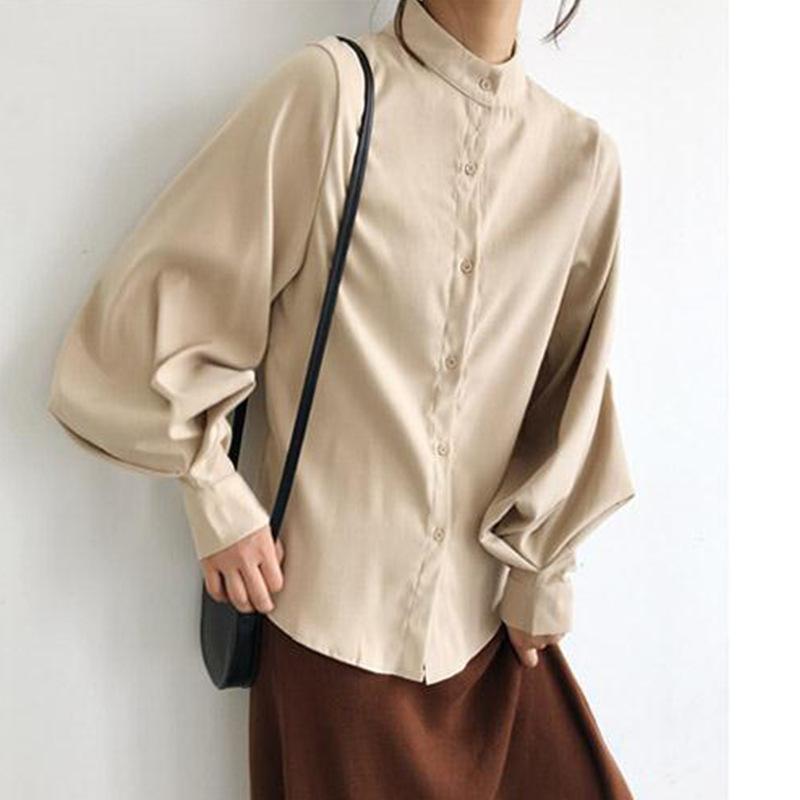 Women Vintage Shirt with Stand Collar Lantern Sleeves Single-Row Button Office Graceful Top Trendy Black Spring Autumn