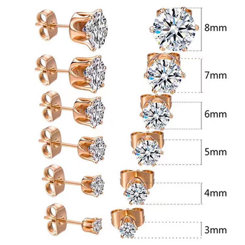316L Stainless Steel Six-Prong Round Zirconia Stud Earrings - Unisex Anti-Allergy Jewelry