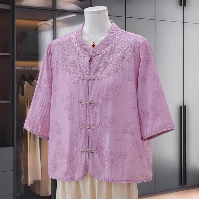 

2026 Spring/Summer Women s Mid-Sleeve Embroidered Jacquard Shirt with Frog Buttons - New Chinese National Style Retro Top 2XL (105-120 jin) фиолетовый