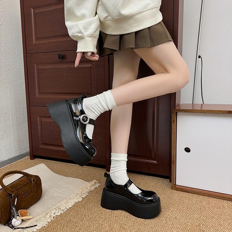Round Head Uniform Women's Shoes Single Shoes Leather Shoes Platform Muffin Shoes Student Simple Versatile One-word Buckle Mary Jane Leather Shoes