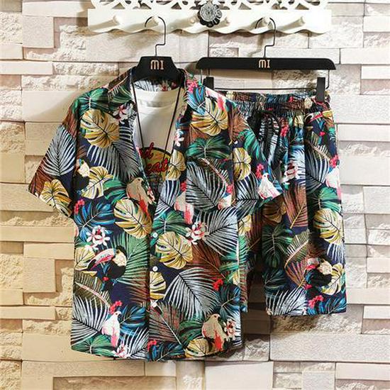 Men's Ice Silk Quick-Dry Floral Two-Piece Set: Trendy Summer Short-Sleeve Shirt & Beach Shorts, Couples' Matching Outfit.