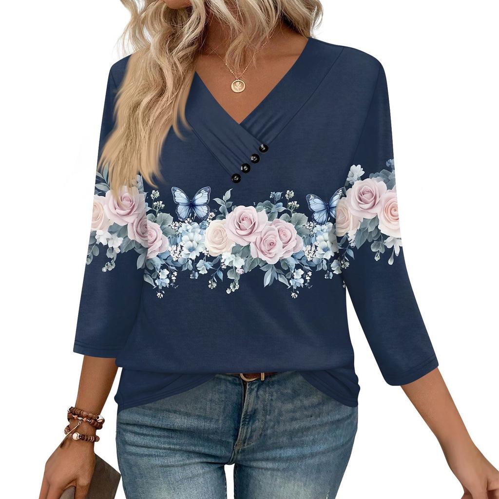 Dames Print Top Knoopsluiting V-hals T-shirt 3/4 Mouw Losse Mode Top