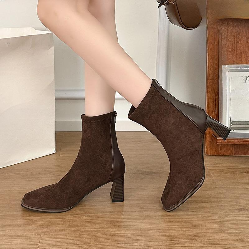 

Rear Zipper Fashion Women Autumn Winter Retro Square Toe Suede Versatile Block Heel Heightened Skinny Shortho 42