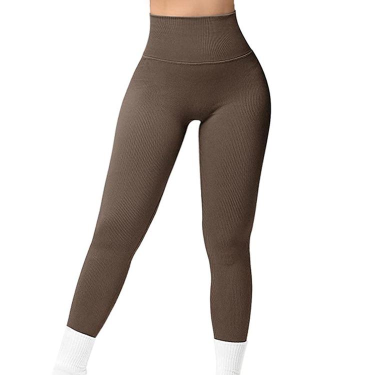 Women High Waisted Yoga Pants Ribbed Seamless Gym Leggings Solid Sport Fitness Running Training Tights Tummy Control Workout Female