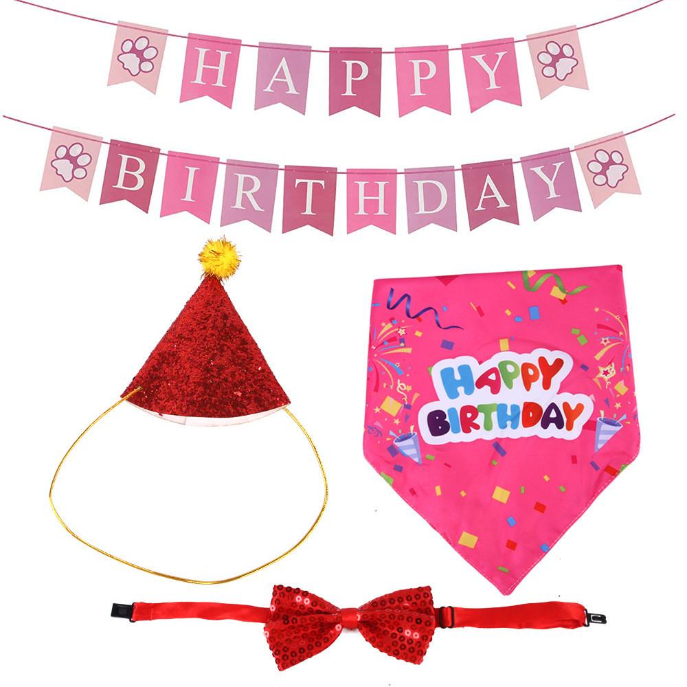 Bedårande Rosa Tre-delat Husdjursfödelsedagsdekoration Set Med Hatt Banderoll Och Haklapp För Festliga Firanden
