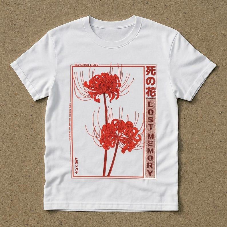 Vintage Red Spider Lily T-Shirt Dead Flower Lost Memory Anime Aesthetic Tee Dark Harajuku Goth Streetwear Graphic Casual Shirt