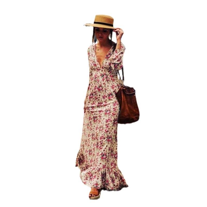 2025 New Printed Women's Long Dress Lantern Sleeve Pendulum Bohemian Long Dress Women's Clothing
