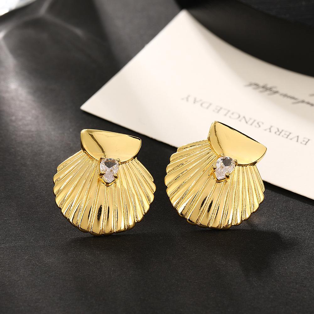 European & American Luxury Copper Zircon Ocean Series Fan-Shaped Earrings