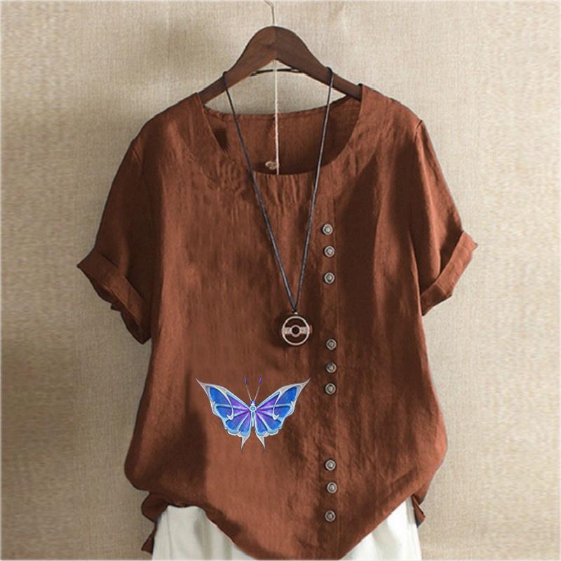 Damenmode Rundhals Kurzarm T-Shirt Lässiges Baumwollleinen Grafikhemd Freizeit Lose Schmetterling Bedruckte Sommerbluse Tops