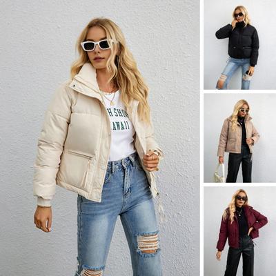 Winterjacke für Damen, lange Ärmel, Reißverschlusstaschen, Umlegekragen, Reißverschluss, dick gepolstert, einfarbig, winddicht, warmer Mantel
