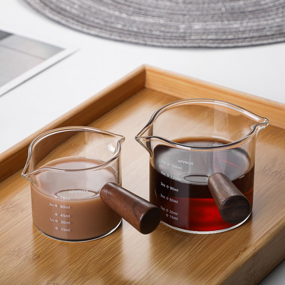70/75/150ML Double Spout Wooden Handle Coffee Cup Heat Resistant Multipurpose Clear Scales Milk Coffee Measuring Cup For Home