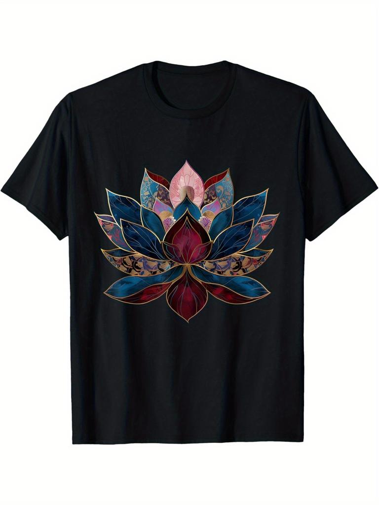 Vibrant Lotus Flower Graphic Tee Zen Buddhist Yoga Design Short Sleeve Cotton TShirt for Men