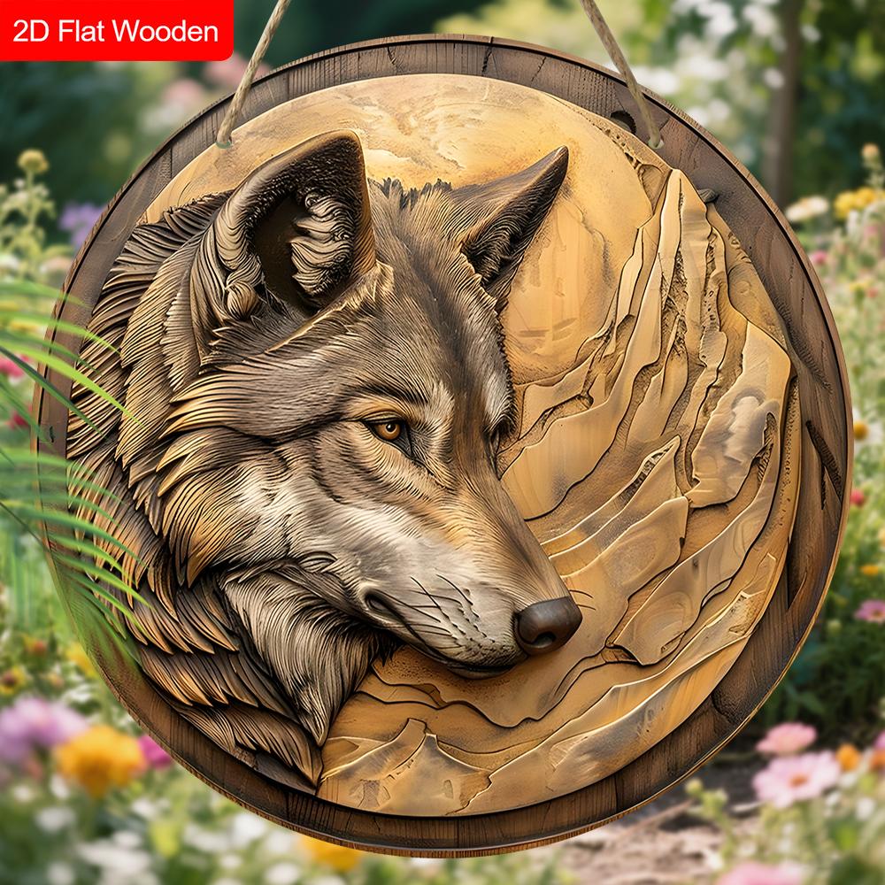 Unik träskylt med vargmönster - Rustik rund skylt för ytterdörr, vägghängande dekor - Idealisk present till vän & familj