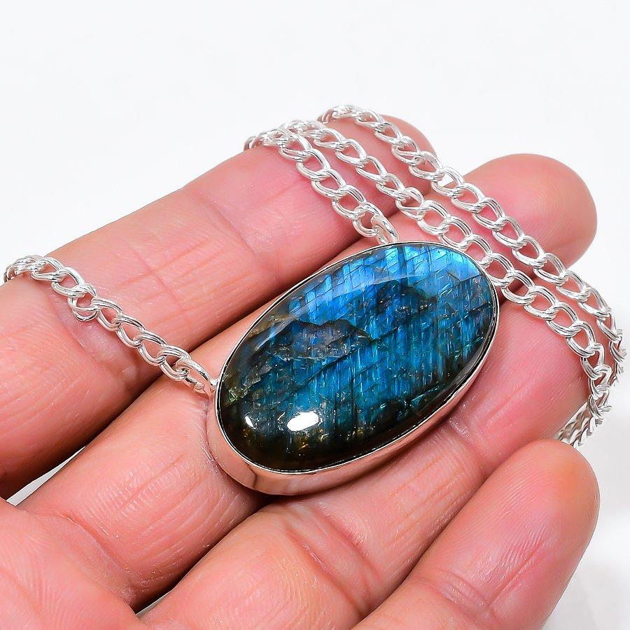 

Labradorite Gemstone Handmade 925 Sterling Silver Jewelry Necklace 20 KJ-666