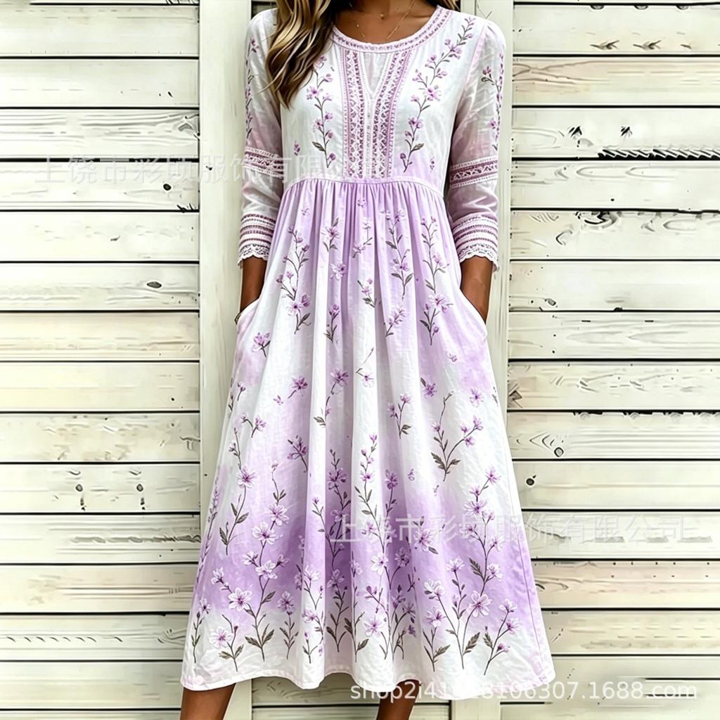 Women's Crew Neck Long Sleeve Loose Fit A-Line Midi Dress Casual 3D Floral Print