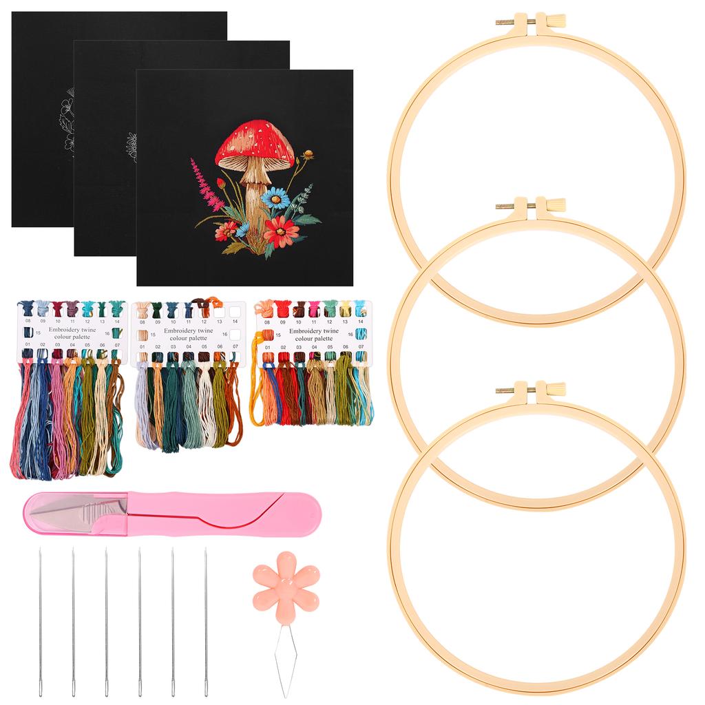 Mushroom Embroidery Kit 3 Cloth and Hoop Embroidery Kit with Pattern for Beginner Adult for DIY Handcraft Enthusiast