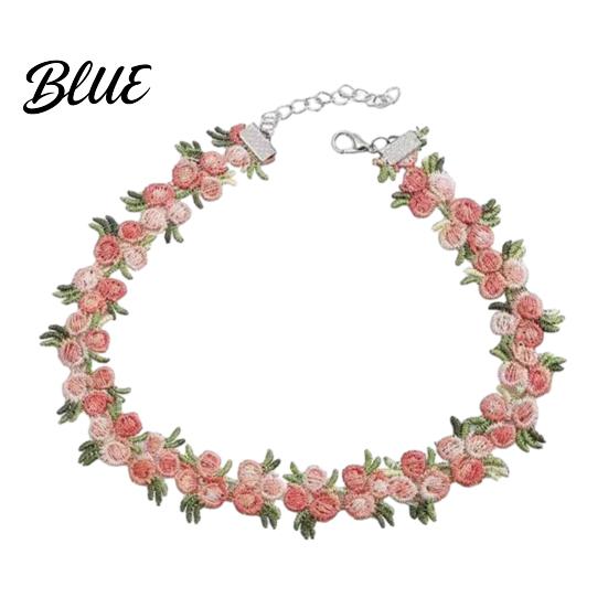 Adjustable Choker Necklace Boho Embroidered Floral Retro Pink Flower Vintage