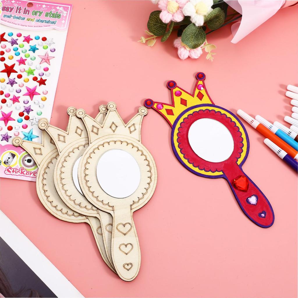 8Pcs Wooden Mirror Craft Kids Decorate Mirrors Unfinished Wooden Princess Mirror Crafts With Paintbrushes Birthday Party Gift