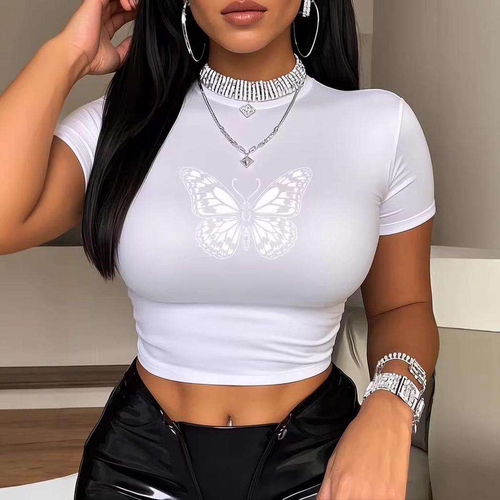 European & American Style Butterfly Print Black Cropped T-shirt - Women's Slim Waist Round Neck Top