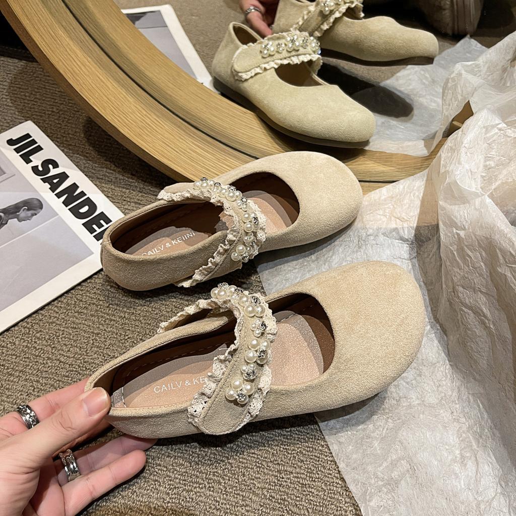 Versatile Round Head Shallow Mouth Rhinestone Flat-soled Single Shoes Women's 2025 New Spring and Autumn Skirt Retro Soft-soled Mary Jane Shoes