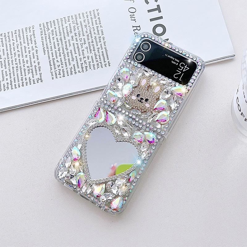 For Korea for Samsung Zflip4 Mobile Phone Case Luxury Full Diamond Cat Flower Glass Mirror Ins Style Bunny