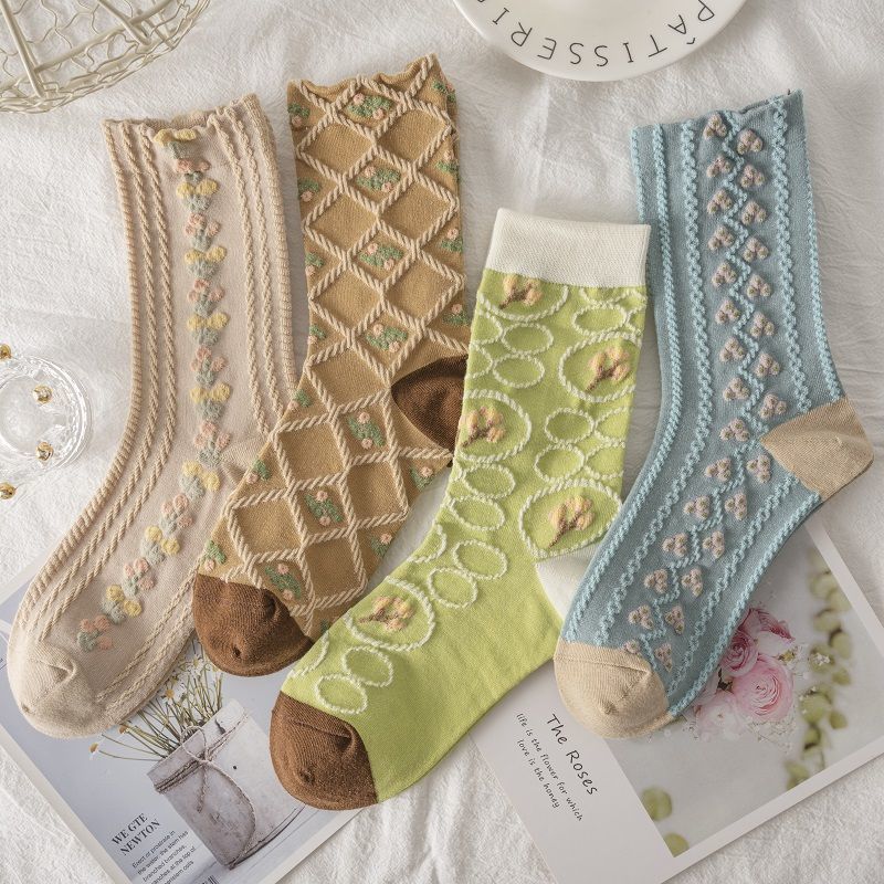 5 Pieces/white Floral Mid-tube Socks Women's Trendy Japanese Powder Fog Color Student Loli Spring Thin Section JK Socks Pink New