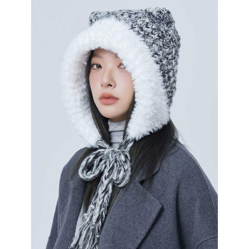Cute Plush Knitted Hat with Cat Ears Big Head Circumference  Face Showing Small Colorful Thick Woolen Contrasting Color Ear Protection Hat