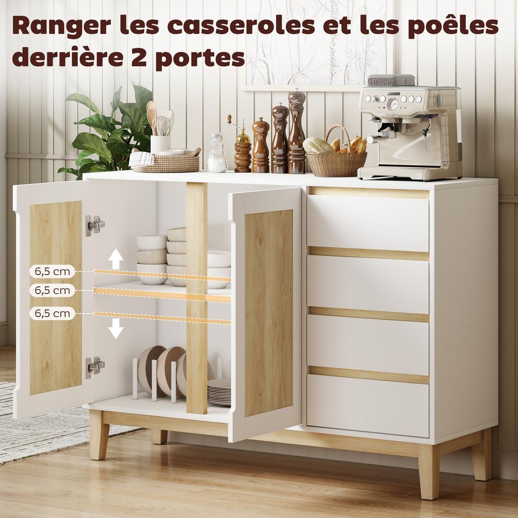 Sideboard, Storage Unit, 2 Doors, 4 Drawers, Adjustable Shelf, 120 x 40 x 86 cm, White and Oak