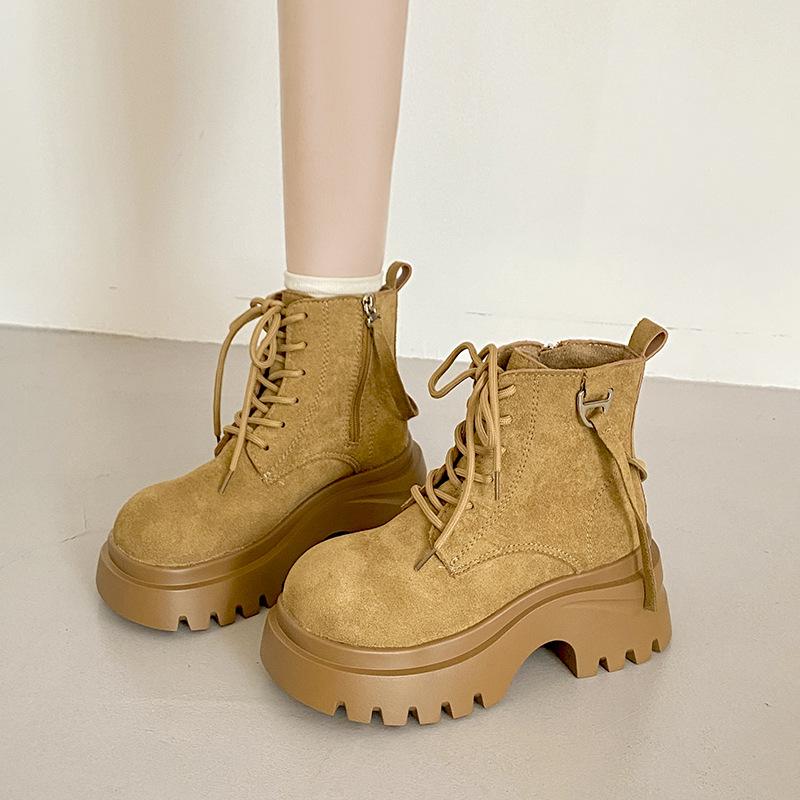 Frosted big head thick-soled Martin boots women's autumn and winter new British style retro heightening big yellow boots high-top shoes