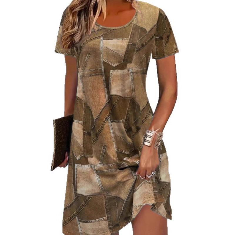 

Платье женское свободного кроя с крупным принтом в клетку, 3D-цифровая печать, с круглым вырезом, стильное миди А-силуэта, повседневное, удобное, модное 8XL коричневый