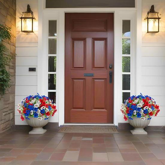 4th of July Artificial Pansy Flowers for Outdoor, UV Resistant Faux Silk Patriotic Flowers, Red Blue White Fake Flowers for Planter Front Door Porch