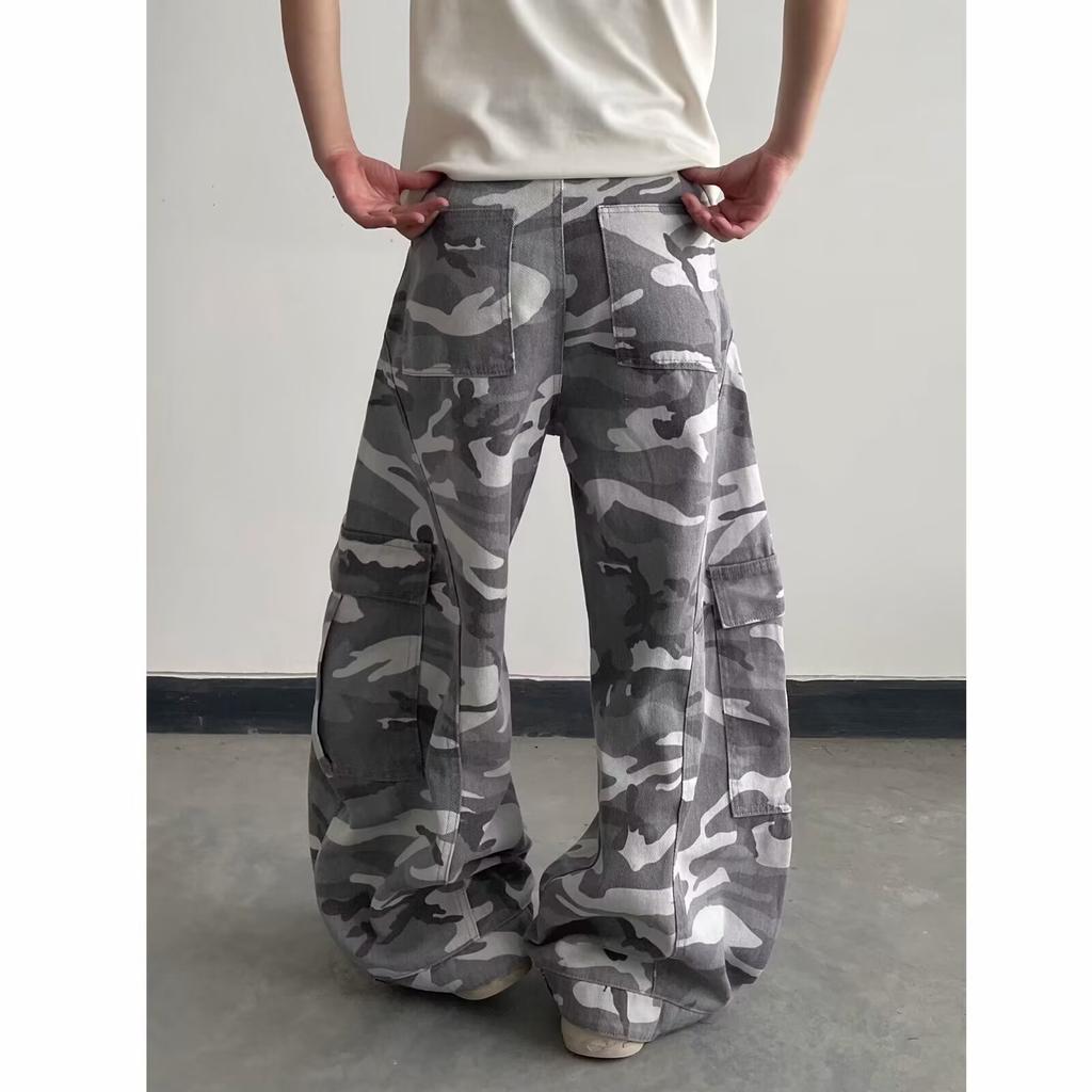 American Retro Camouflage Micro-pull Overalls Men's Spring and Autumn Vibe Straight-leg Pants Year Loose Jeans