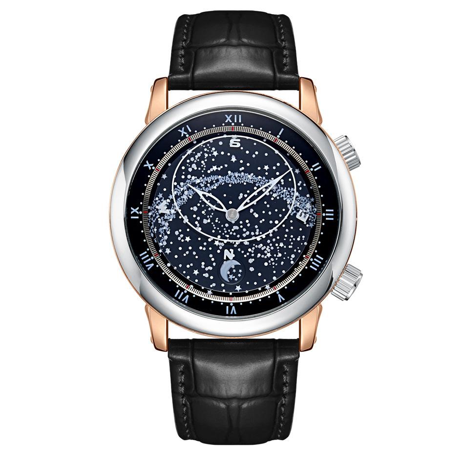 Paulareis Automatic Mechanical Leather Rotating Star Rose Gold Carved Watch for Men PP03