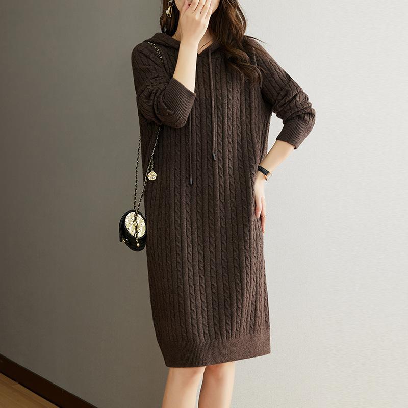 Autumn and Winter New Hooded Casual Medium and Long Dress Women's Fashion Knitted Large Size Loose Pullover Sweater Women