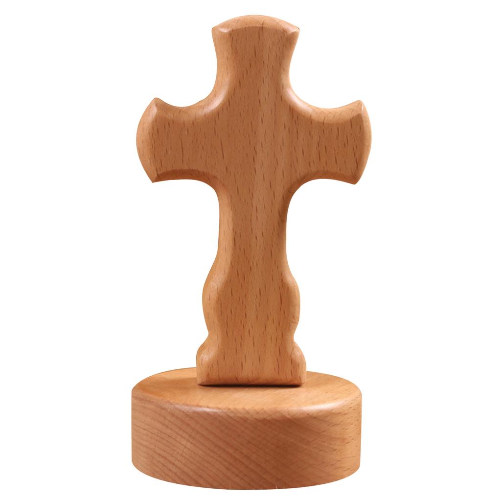Wood Cross Ornament with Bottom Holder Decorative Figurine Decoration for School Office Bedroom Tabletop Decoration
