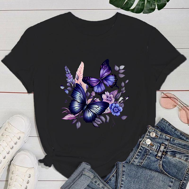 (Premium T-shirt)Hot Sales Flowers Butterfly T Shirts Women Summer Cool Short Sleeves Personality Harajuku T-Shirt
