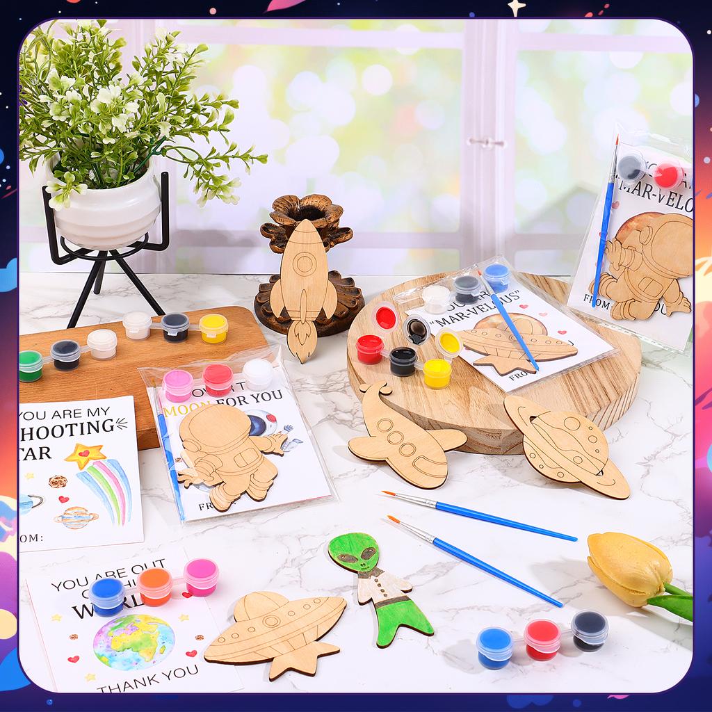 12 Pcs Astronaut Space Birthday Theme Party Favors Wooden Painting Crafts Kits Bulk With Game Cards Paint Brushes Decorations Fo
