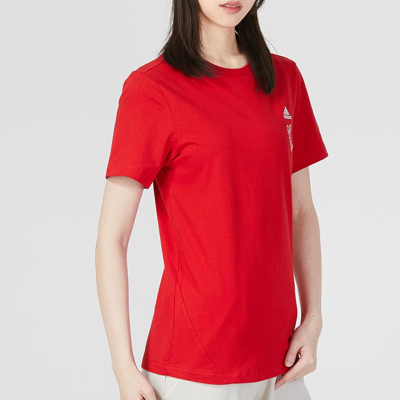 Adidas Cartoon Rabbit Embroidery Logo Sports Casual Round Neck Short Sleeve T-Shirt Women Tops Red HZ3005