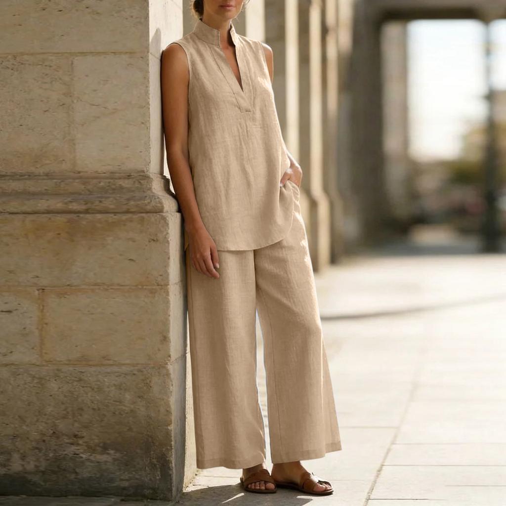Women's Fashionable Loose V-neck Vest Sleeveless Pullover Top High-waisted Wide-leg Pants Set