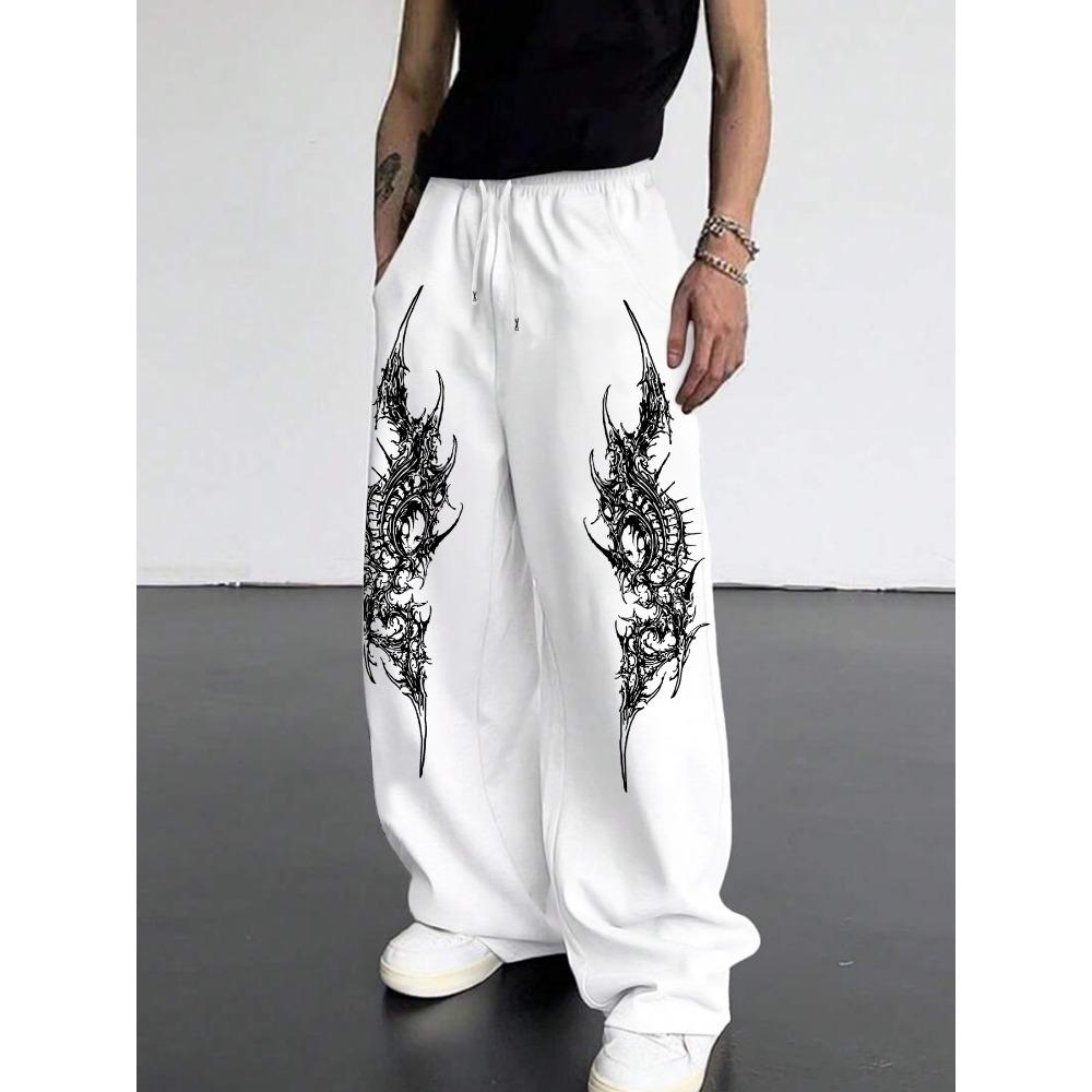 Black Loose Sports Pants, White Abstract Flame Print, Casual Street Style Fashion S