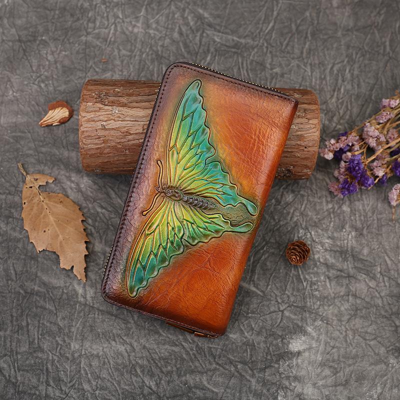 

Butterfly Embossed Genuine Leather Wallet, Vintage Handbag, Women s Top Layer Cowhide Change Card Bag, Dropshipping with Artistic Style коричневий