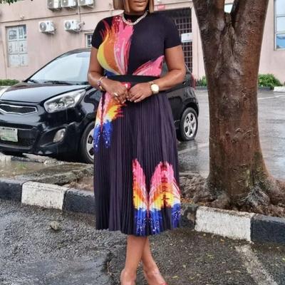 Large Size Women's Clothing Summer Fashion Temperament Printed Short-sleeved Top Pleated Pendulum Skirt African Suit