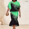 Women Plus Size Two Piece Skirt Set Round Neck Batwing Sleeve Printed Green Black Ruffle Hem Top Fishtail Skirt