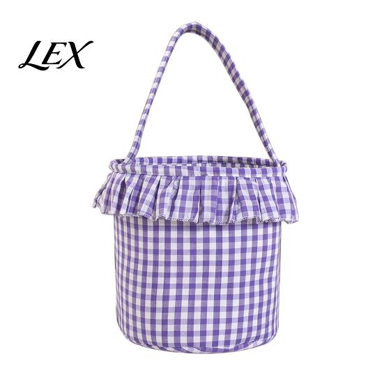 Versatile Household Storage Halloween Basket, Plaid Ruffle Trick or Treat Candy Bucket with Handle Easter Egg Hunt Carriers for Kids, Reusable Gingham
