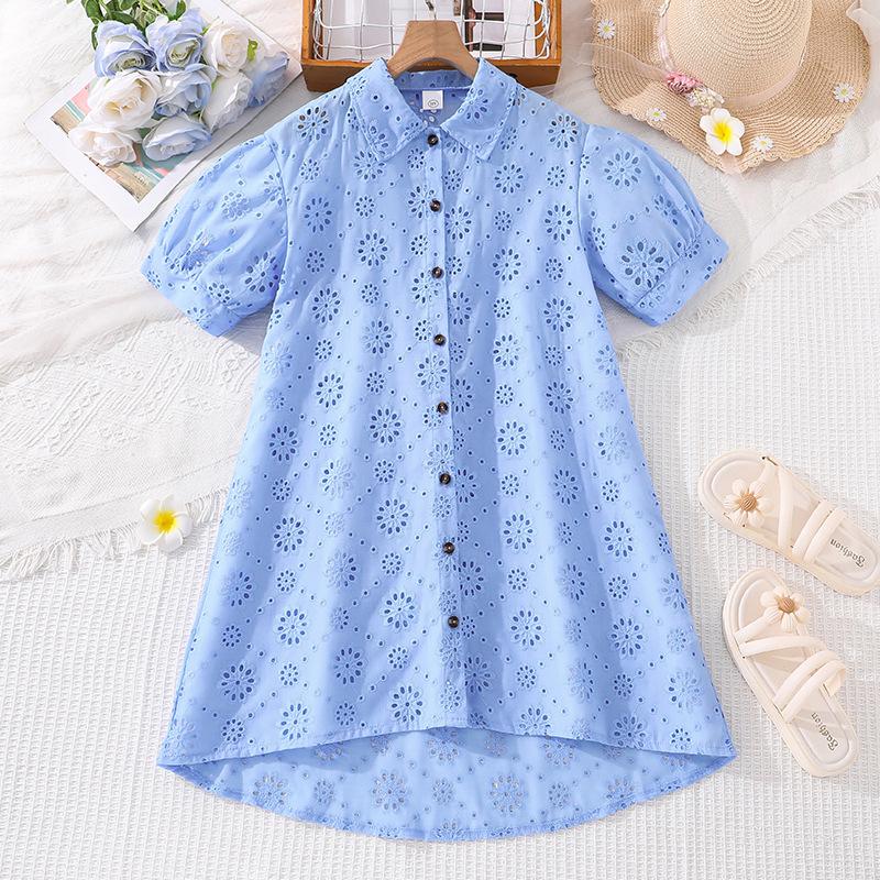 

Girls Casual Sky Blue Dress; Spring/Summer Children s Lace-Up Puffed-Sleeve Shirt Dress 170cm=12Y небо синє кольору