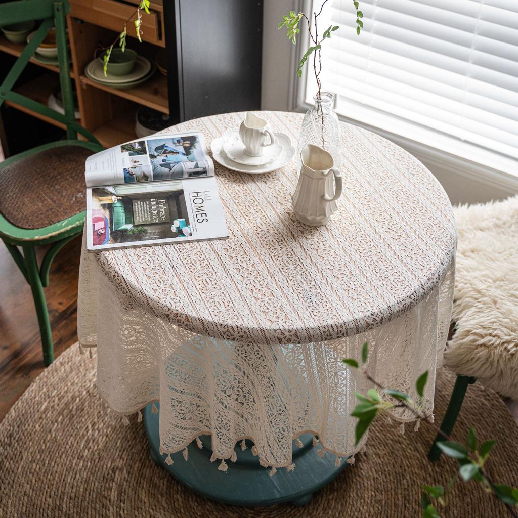 American Country Style Vintage Crochet Hollow Tablecloth, Rice White Crochet Plaid Pattern Decorative Tablecloth Suitable for Home Decoration, Picnic